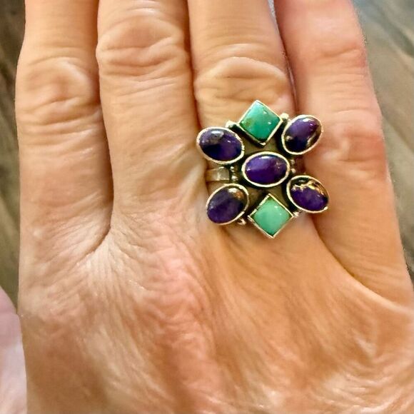 Unique Kingman & Purple Mojave Turquoise Cluster Stone Floral Ring Size 7 New - Picture 6 of 6